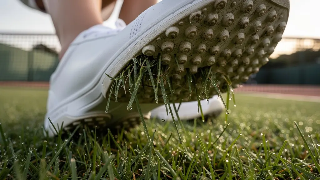 Joueur en position de retour très basse face à un service sur gazon