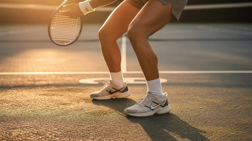 Joueur de tennis en position de préparation montrant l'importance du placement et du jeu de jambes