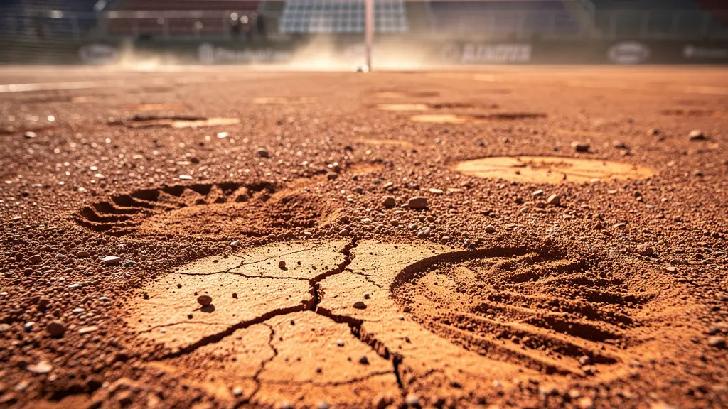 Vue plongeante sur des courts de qualification austères avec peu de spectateurs