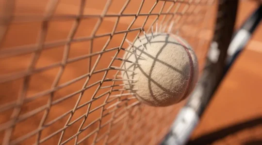 Vue macro d'un cordage de raquette de tennis avec effet de profondeur de champ montrant la tension et les intersections des cordes
