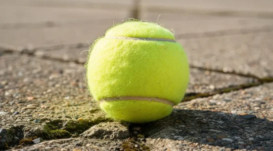 Balle de tennis capturée au moment précis de l'impact sur une dalle de béton poreux disjointe