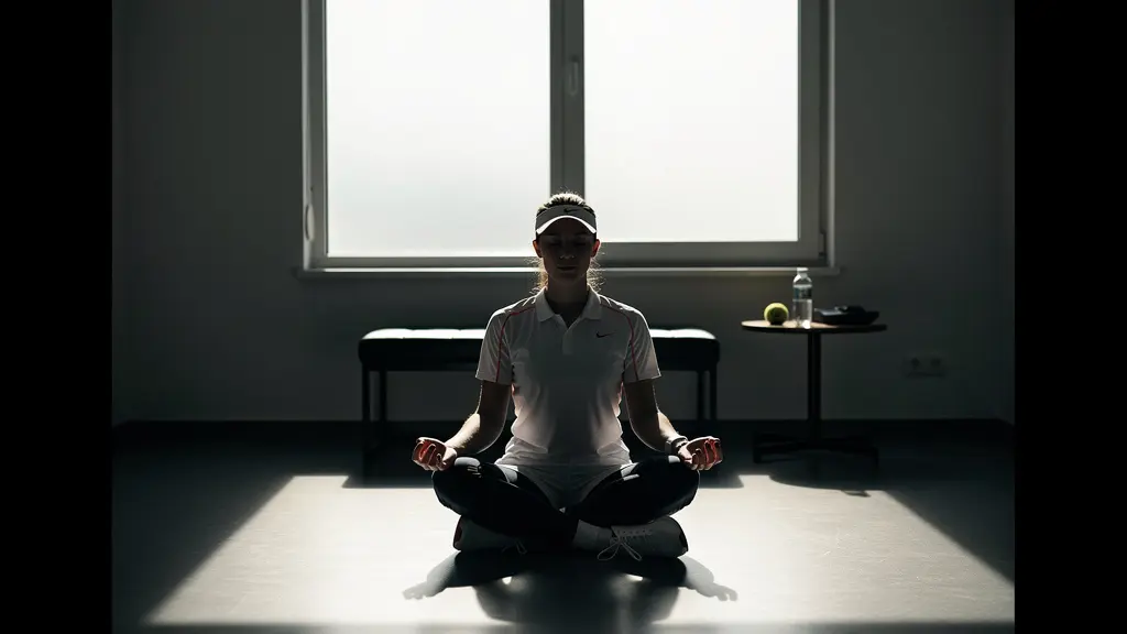 Joueur de tennis en phase de récupération méditative dans un environnement calme