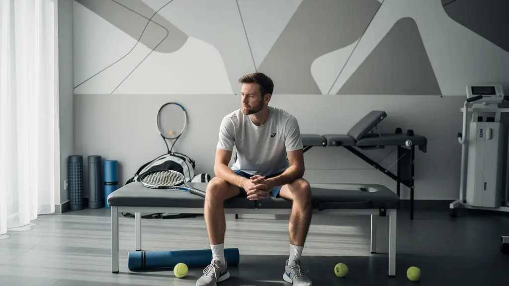 Joueur de tennis en phase de récupération entre deux matchs importants, environnement calme et professionnel