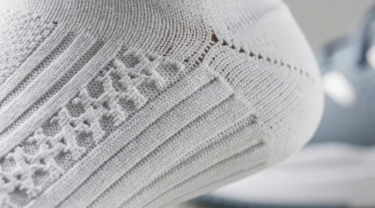 Détail technique d'une chaussette de tennis avec zones de compression et matériaux anti-friction