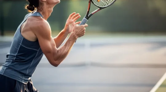 Joueur de tennis en position de service montrant la biomécanique de l'épaule dominante