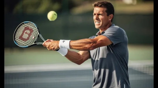 Joueur de tennis effectuant un revers avec mise en évidence du timing de frappe et de la zone du coude
