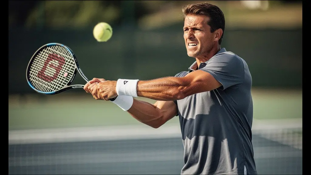 Joueur de tennis effectuant un revers avec mise en évidence du timing de frappe et de la zone du coude