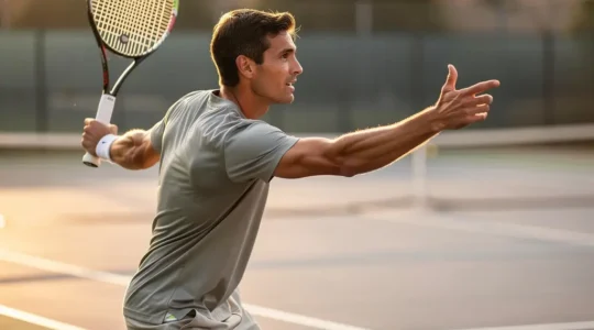 Joueur de tennis en position de préparation montrant la dissociation entre les épaules et les hanches
