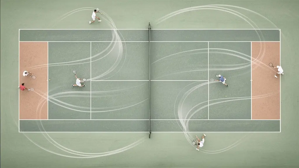 Vue aérienne d'un court de tennis montrant la trajectoire service-coup droit