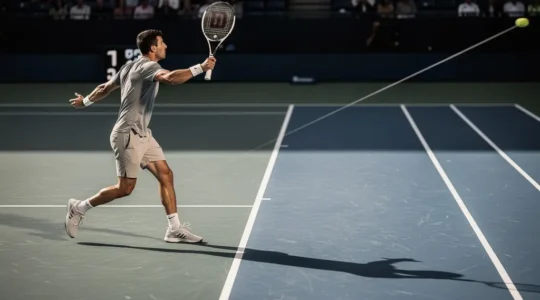 Joueur de tennis en position de frappe après un service extérieur, préparant un coup droit opposé décisif