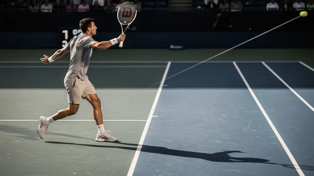 Joueur de tennis en position de frappe après un service extérieur, préparant un coup droit opposé décisif