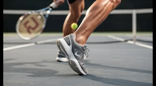 Joueur de tennis en pleine réception après un service puissant, avec focus sur l'impact du talon