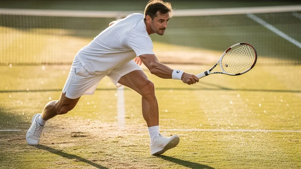 Joueur de tennis moderne exécutant un service-volée sur gazon avec projection vers le filet