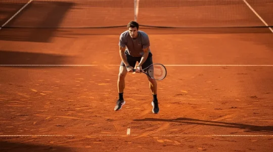 Joueur de tennis effectuant un split step parfait au moment du retour de service sur terre battue