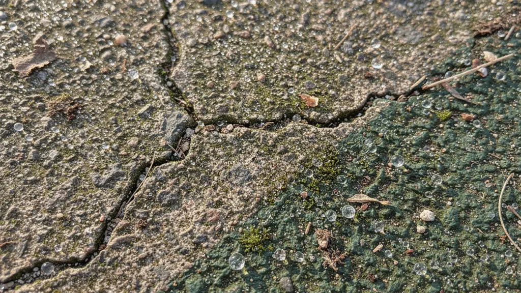 Vue macro de la surface d'un court en béton poreux avec micro-algues et humidité