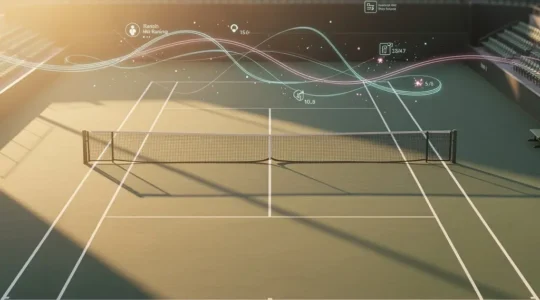 Vue aérienne d'un court de tennis avec visualisation abstraite des données de classement