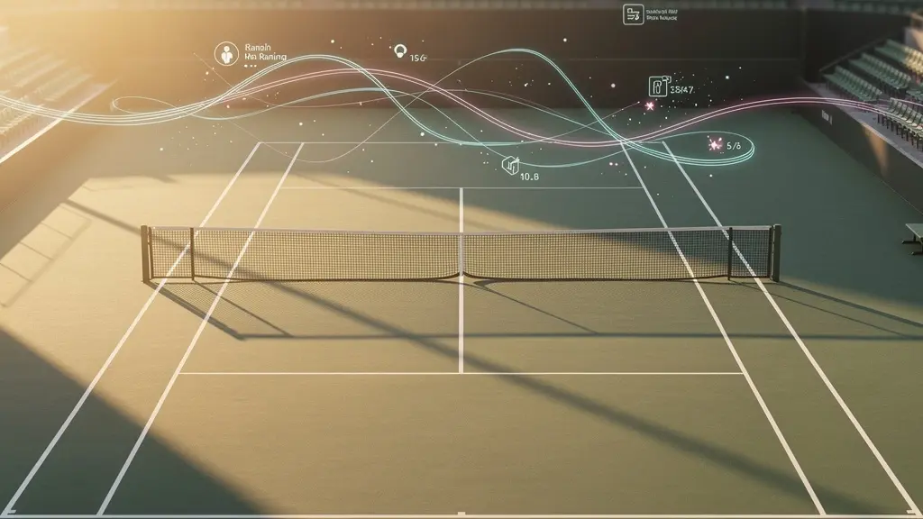 Vue aérienne d'un court de tennis avec visualisation abstraite des données de classement