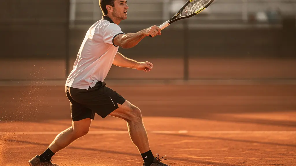 Joueur de tennis exécutant un coup lifté puissant sur terre battue avec effet visible sur la trajectoire de la balle