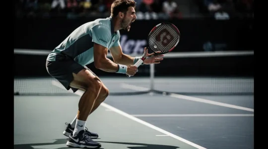 Joueur de tennis en position de démarrage avec focus sur les jambes prêtes à bondir