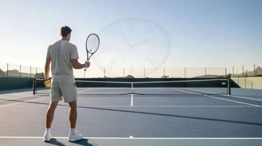 Joueur de tennis concentré entre deux services avec chronomètre visible en arrière-plan