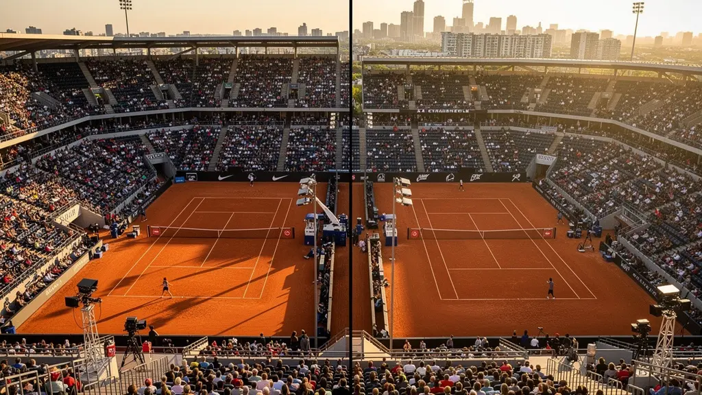 Contraste visuel entre un court central majestueux de Grand Chelem bondé et un court secondaire d'ATP 250 plus modeste