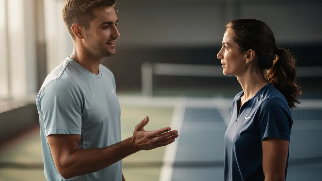 Deux joueurs de tennis en discussion respectueuse près de la ligne de court