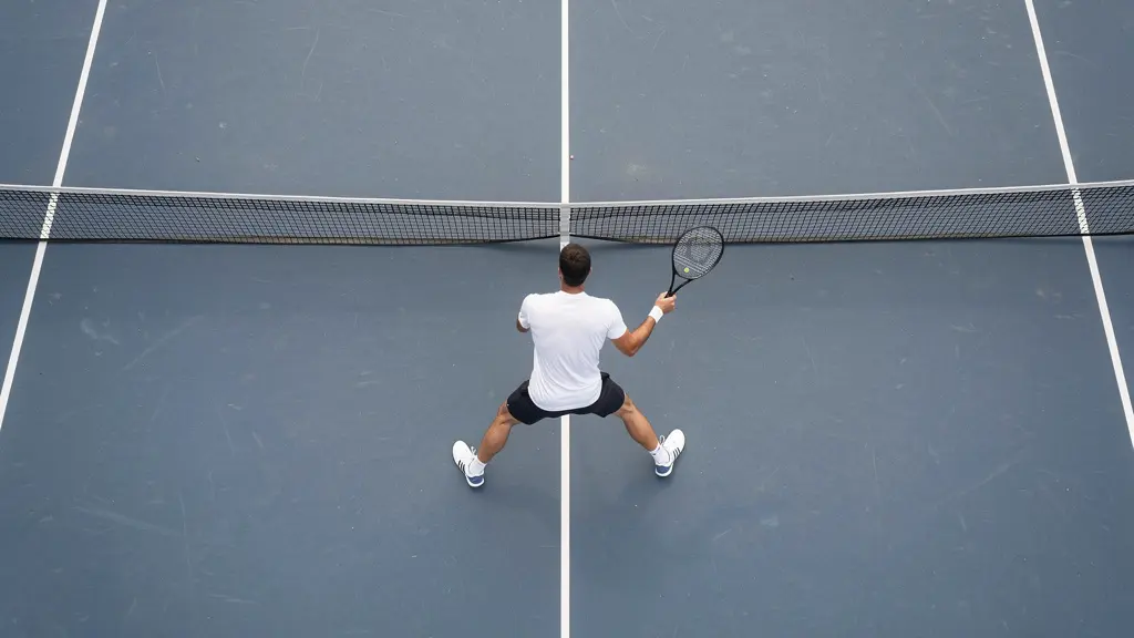 Vue aérienne d'un joueur en position d'appui ouvert pour un coup droit puissant