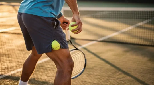 Joueur de tennis concentré avant le service, main sur la poche contenant la seconde balle