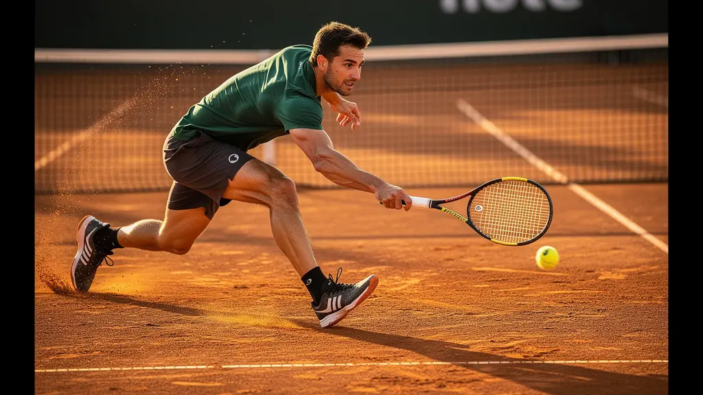 Joueur de tennis en pleine course dynamique vers une balle basse sur terre battue