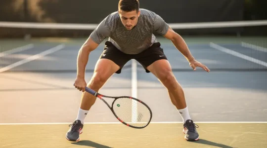 Joueur de tennis effectuant un split step parfait sur court dur avec détail sur la réception des appuis