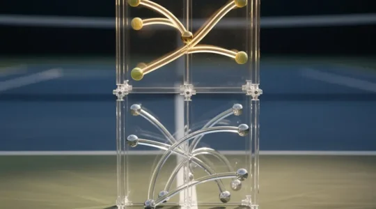 Tableau de tournoi de tennis avec trajectoires de balles dorées montrant les parcours protégés des favoris