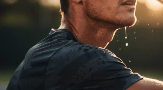 Joueur de tennis en action avec textile technique évacuant la transpiration