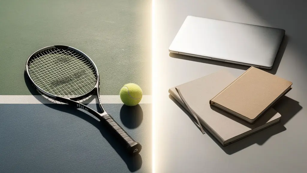 Joueur de tennis en transition professionnelle avec des éléments symboliques de reconversion comme un ordinateur portable
