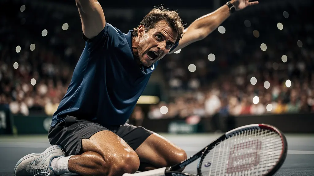 Joueur de tennis célébrant une victoire surprise avec émotion sur le court