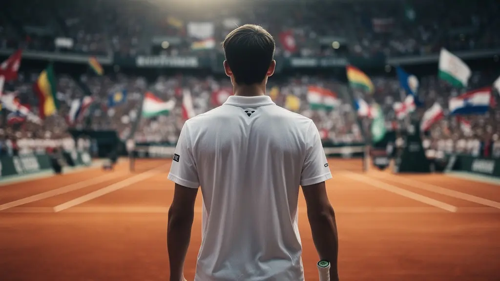 Jeune joueur de tennis face à une foule immense dans un stade emblématique