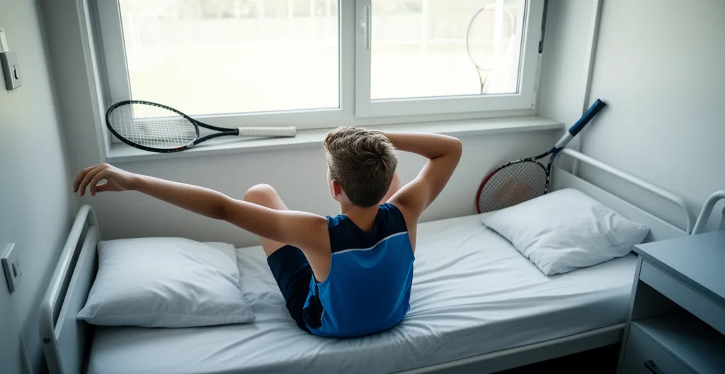 Adolescent tennisman s'étirant dans une chambre de résidence sportive le matin