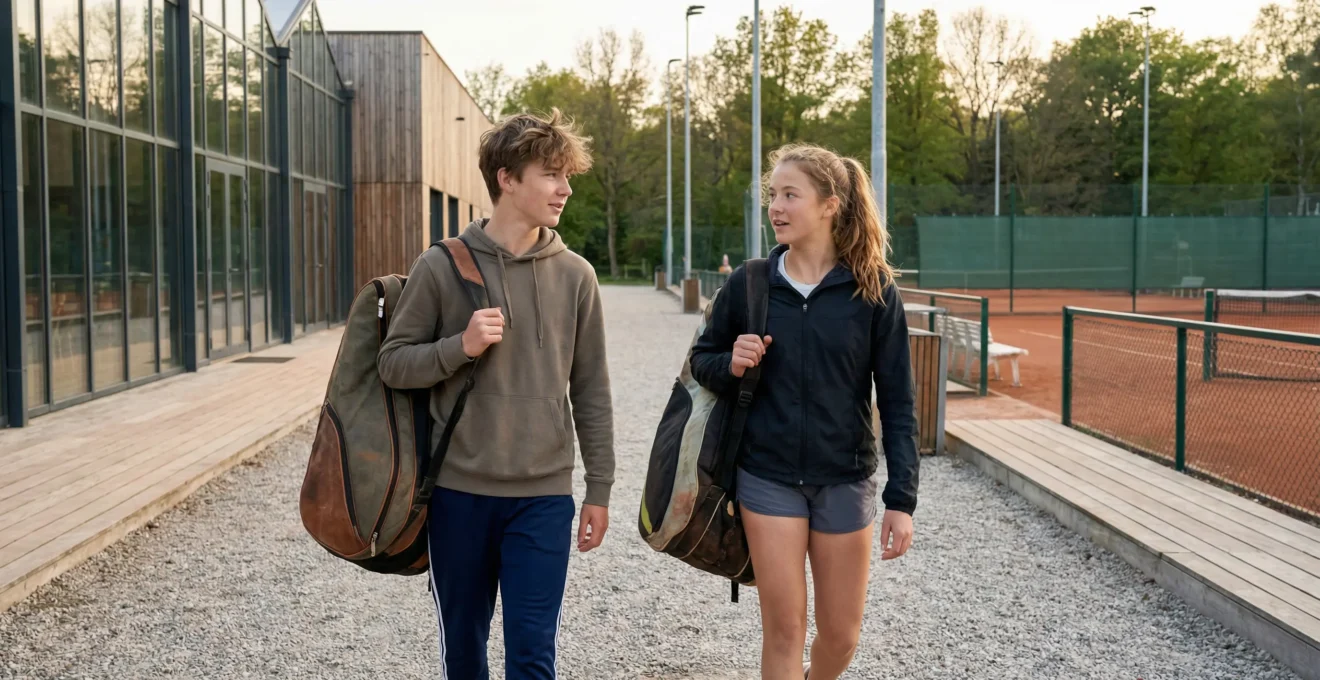Jeunes tennismen européens sortant du court après l'entraînement avec leurs sacs de tennis