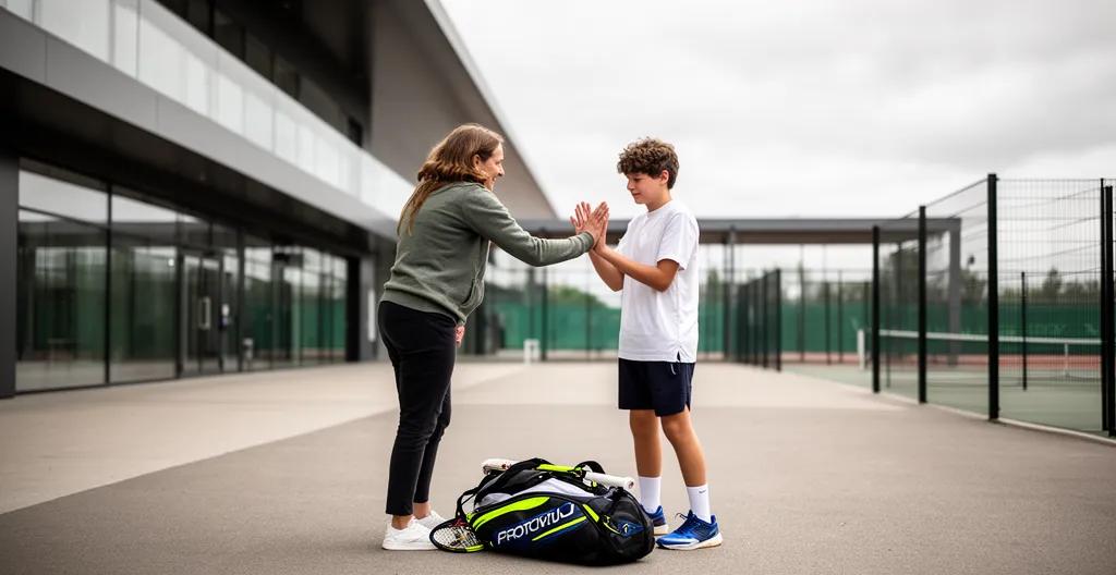 Parent déposant son adolescent à l'entrée d'un centre de stage tennis