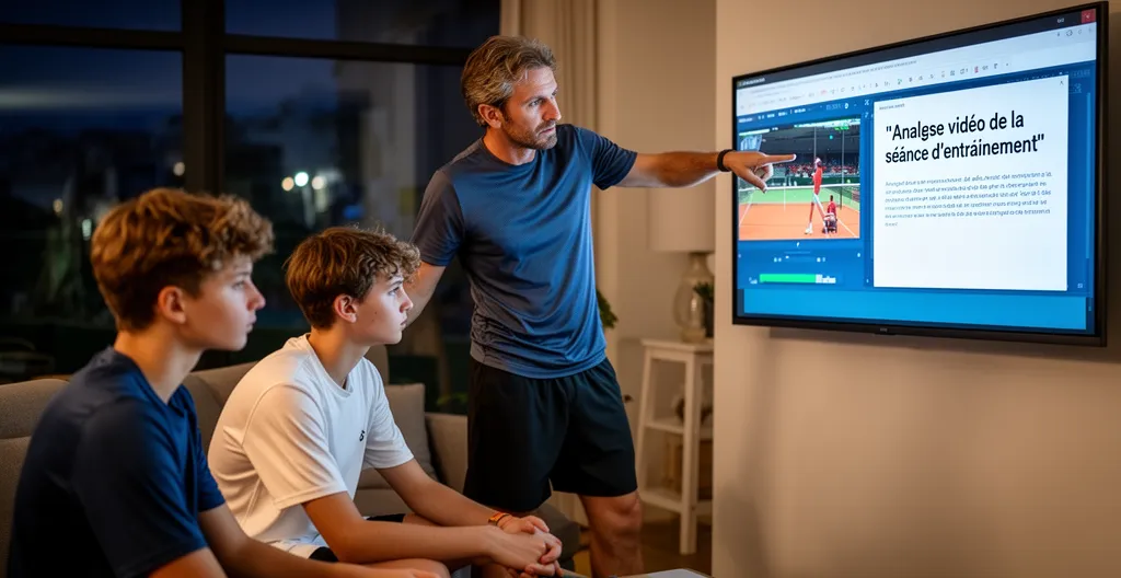 Entraîneur de tennis et jeunes joueurs analysant une séquence vidéo en soirée