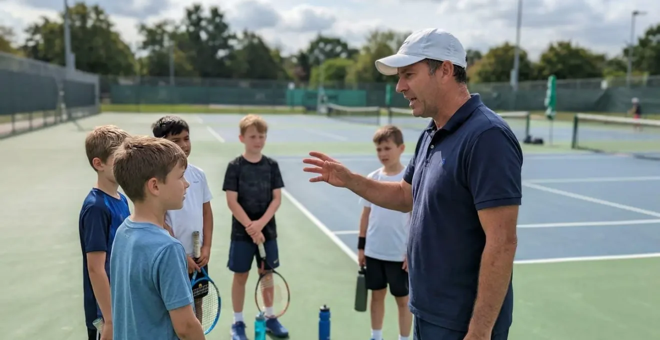 Un entraîneur en polo de club donnant des consignes à un groupe de quatre jeunes joueurs sur un court de tennis