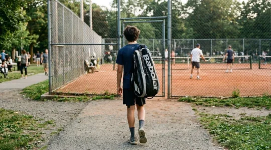 Un adolescent vu de dos, sac de tennis sur l'épaule, marchant vers des courts de tennis sous la lumière du matin