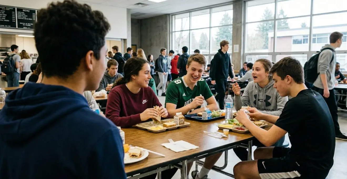 Des adolescents en tenue de sport déjeunant dans un réfectoire lumineux avec de grandes fenêtres